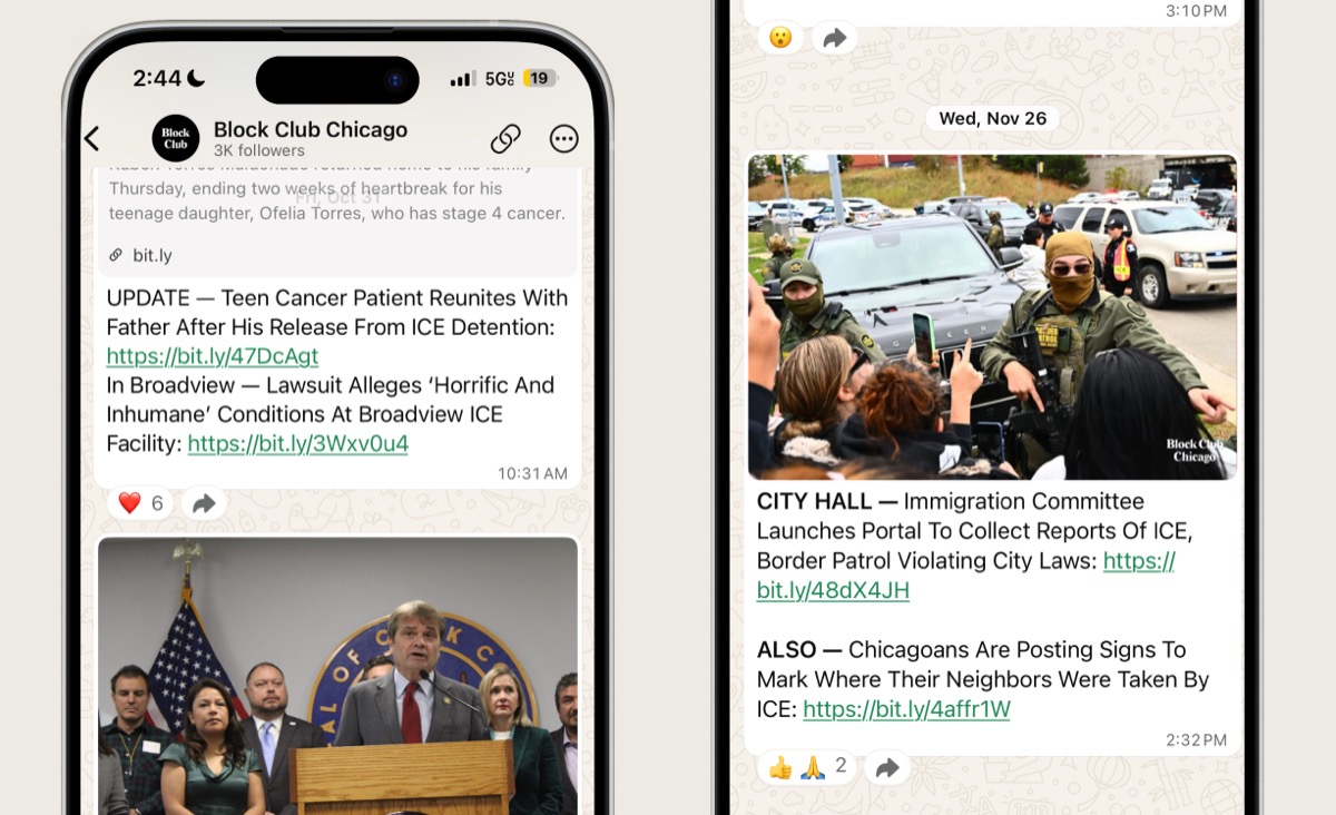 Block Club Chicago WhatsApp broadcast channel showing curated immigration news updates